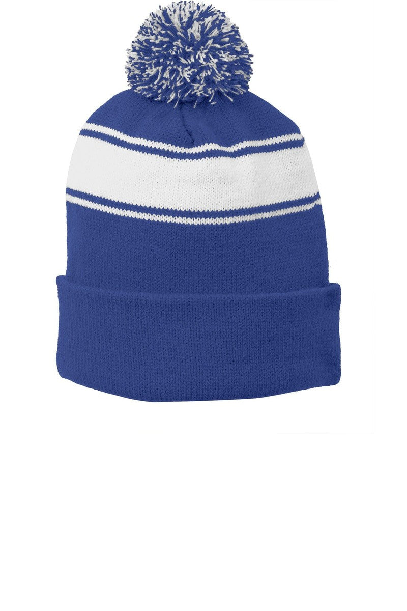 Sport-Tek Headwear OSFA / True Royal/ White Sport-Tek STC28: Stripe Pom Pom Beanie