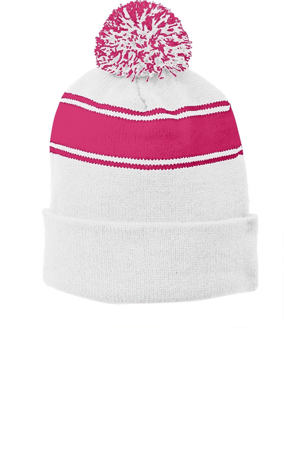 Sport-Tek Headwear OSFA / White/ Pink Raspberry Sport-Tek STC28 Stripe Pom Pom Beanie