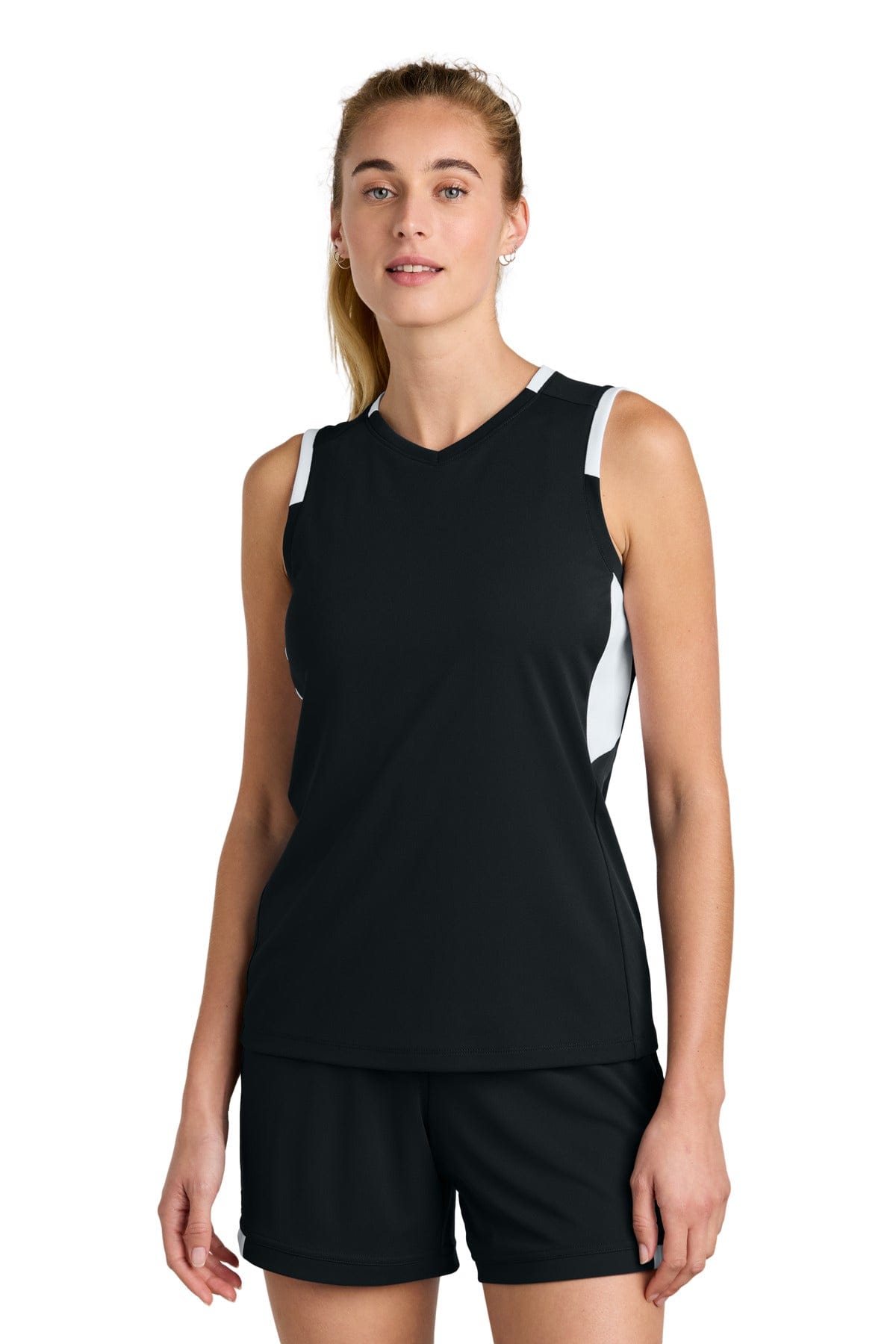 Sport-Tek ® Women's Club Sleeveless V-Neck LST441 in Black/ White