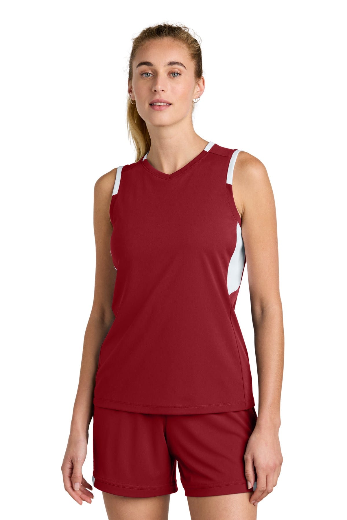 Sport-Tek ® Women's Club Sleeveless V-Neck LST441 in Deep Red/ White