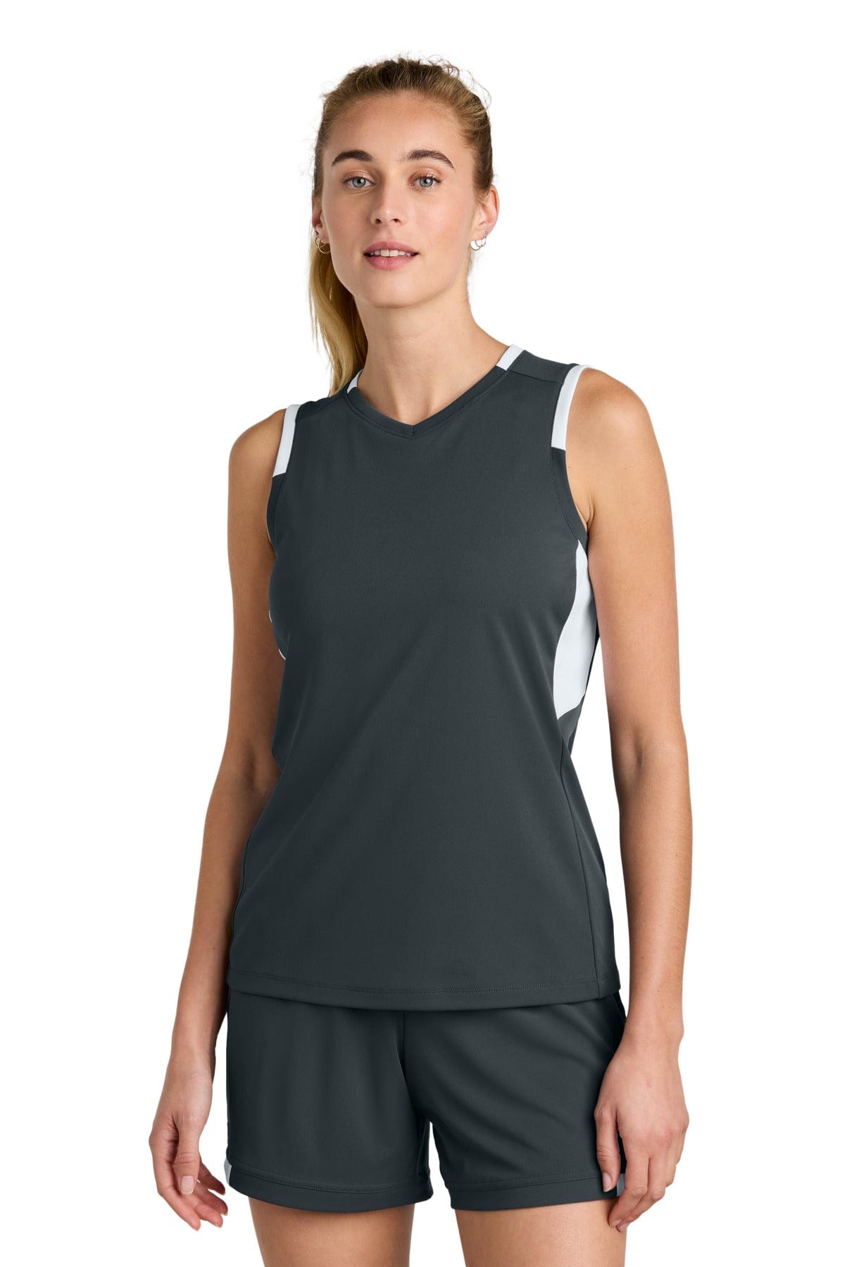 Sport-Tek ® Women's Club Sleeveless V-Neck LST441 in Iron Grey/ White