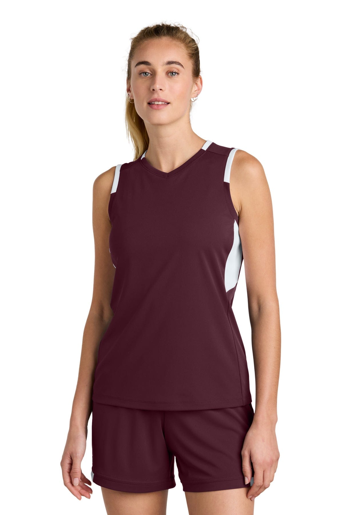 Sport-Tek ® Women's Club Sleeveless V-Neck LST441 in Maroon/ White