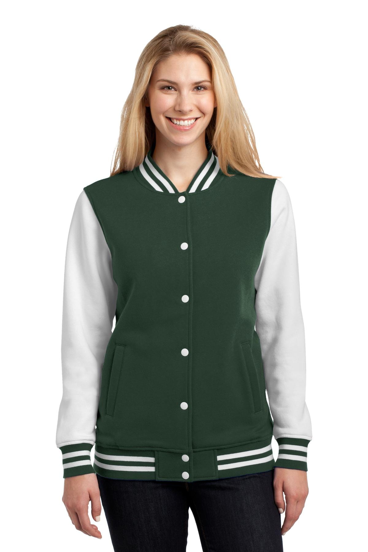 Sport-Tek Outerwear 3XL / Forest Green/ White Sport-Tek LST270: Ladies Fleece Letterman Jacket