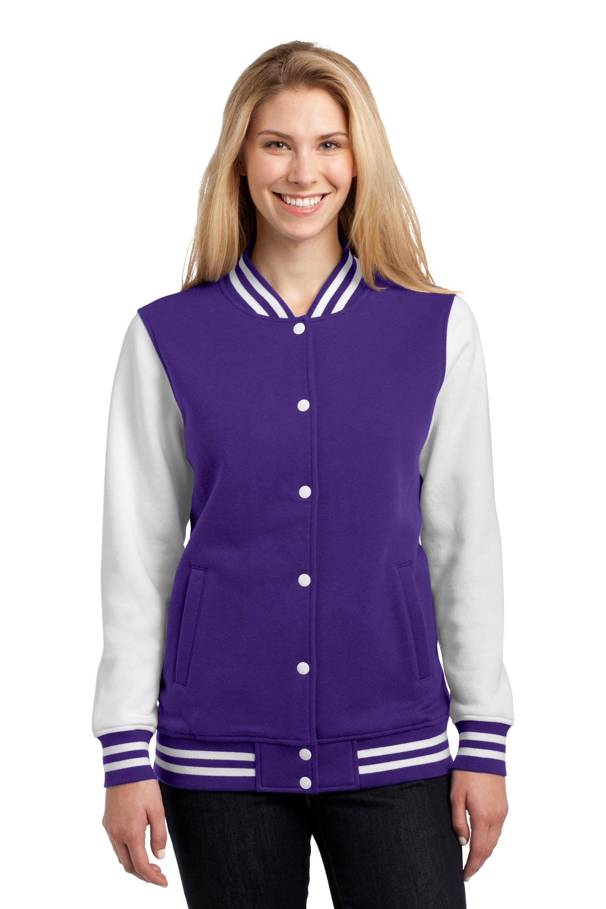 Sport-Tek Outerwear 3XL / Purple/ White Sport-Tek LST270: Ladies Fleece Letterman Jacket