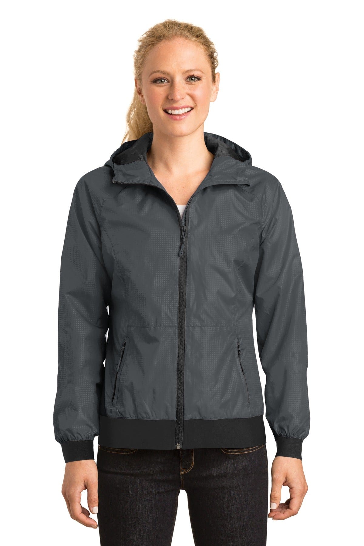 Sport-Tek Outerwear DISCONTINUED  Sport-Tek ®  Ladies Embossed Hooded Wind Jacket. LST53