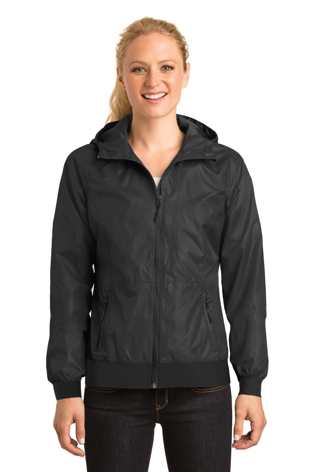 Sport-Tek Outerwear L / Black/ Black DISCONTINUED  Sport-Tek ®  Ladies Embossed Hooded Wind Jacket. LST53