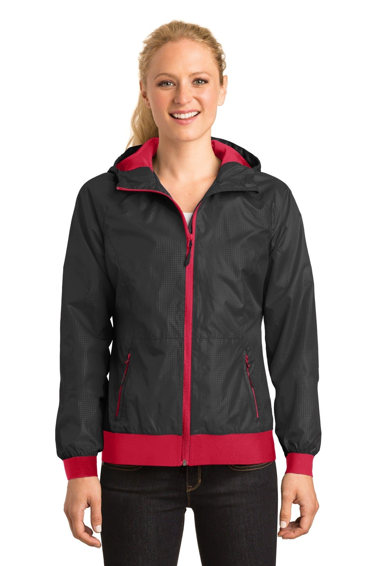 Sport-Tek Outerwear L / Black/ True Red DISCONTINUED  Sport-Tek ®  Ladies Embossed Hooded Wind Jacket. LST53