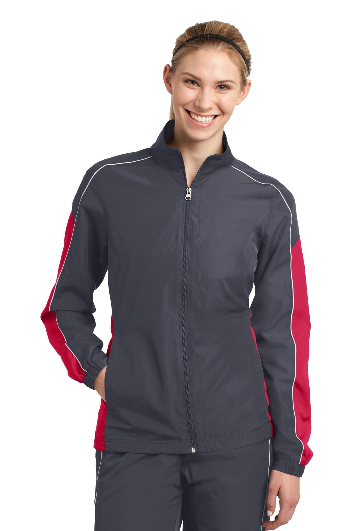 Sport-Tek Outerwear L / Graphite Grey/ True Red/ White DISCONTINUED  Sport-Tek ®  Ladies Piped Colorblock Wind Jacket. LST61
