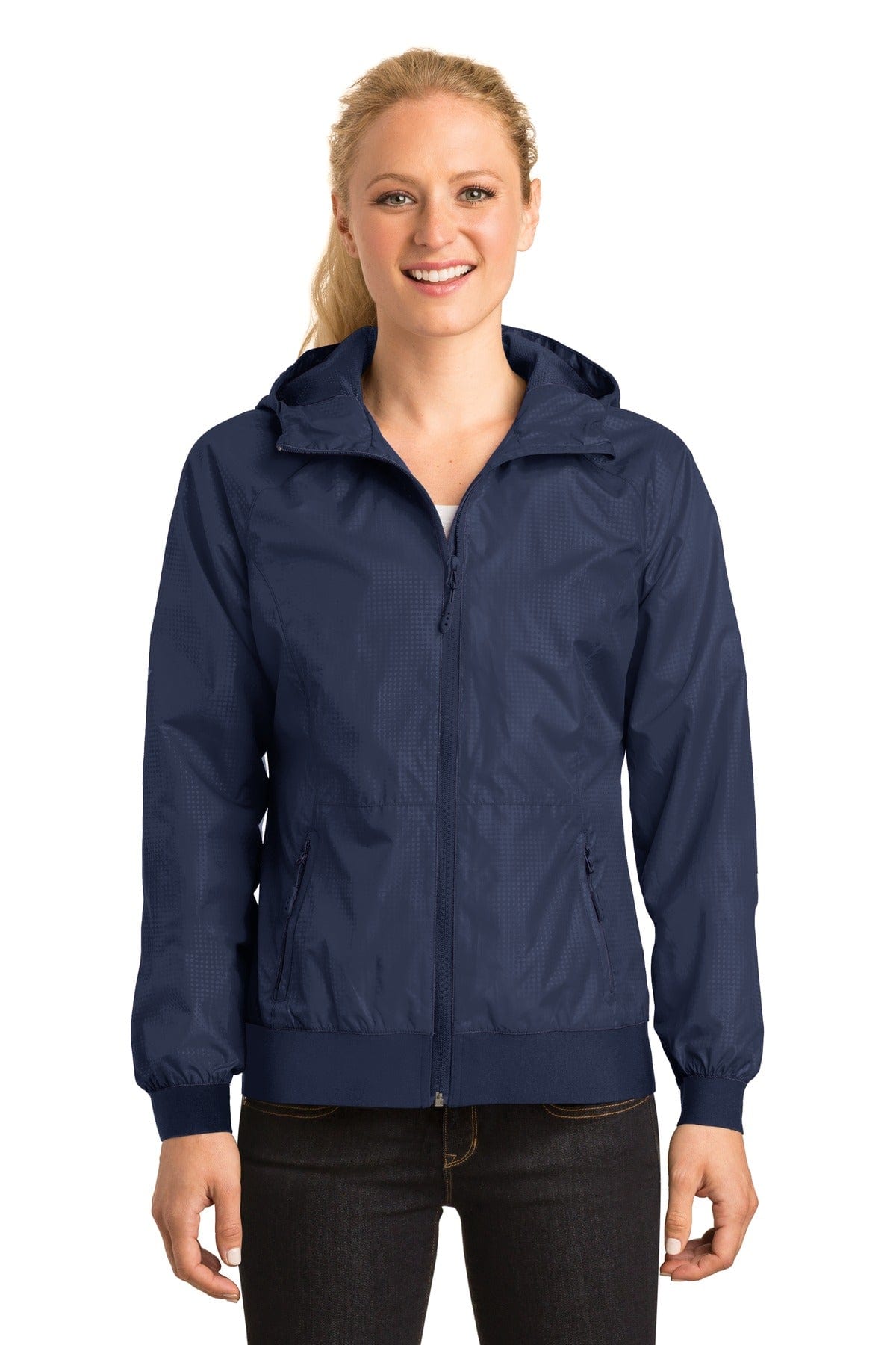 Sport-Tek Outerwear L / True Navy/ True Navy DISCONTINUED  Sport-Tek ®  Ladies Embossed Hooded Wind Jacket. LST53