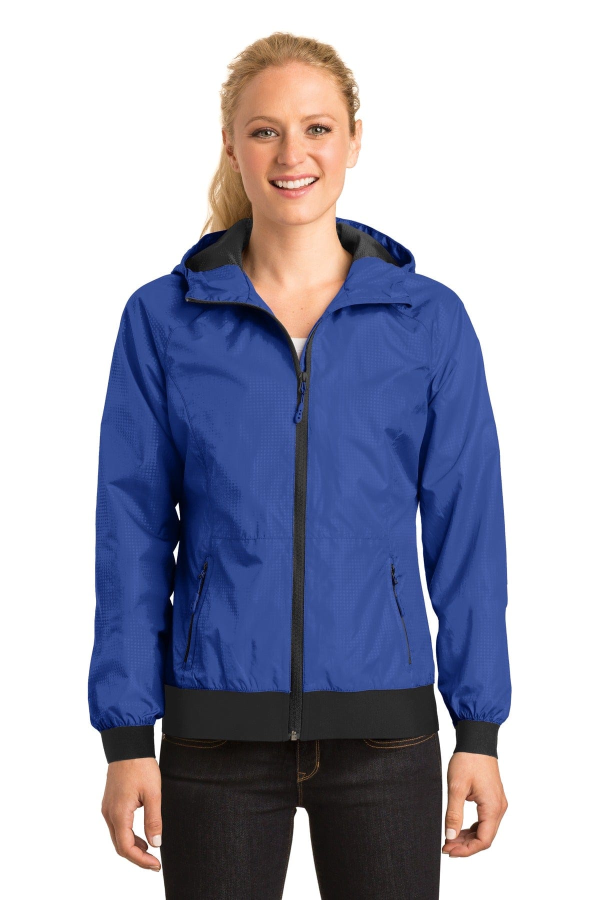Sport-Tek Outerwear L / True Royal/ Black DISCONTINUED  Sport-Tek ®  Ladies Embossed Hooded Wind Jacket. LST53