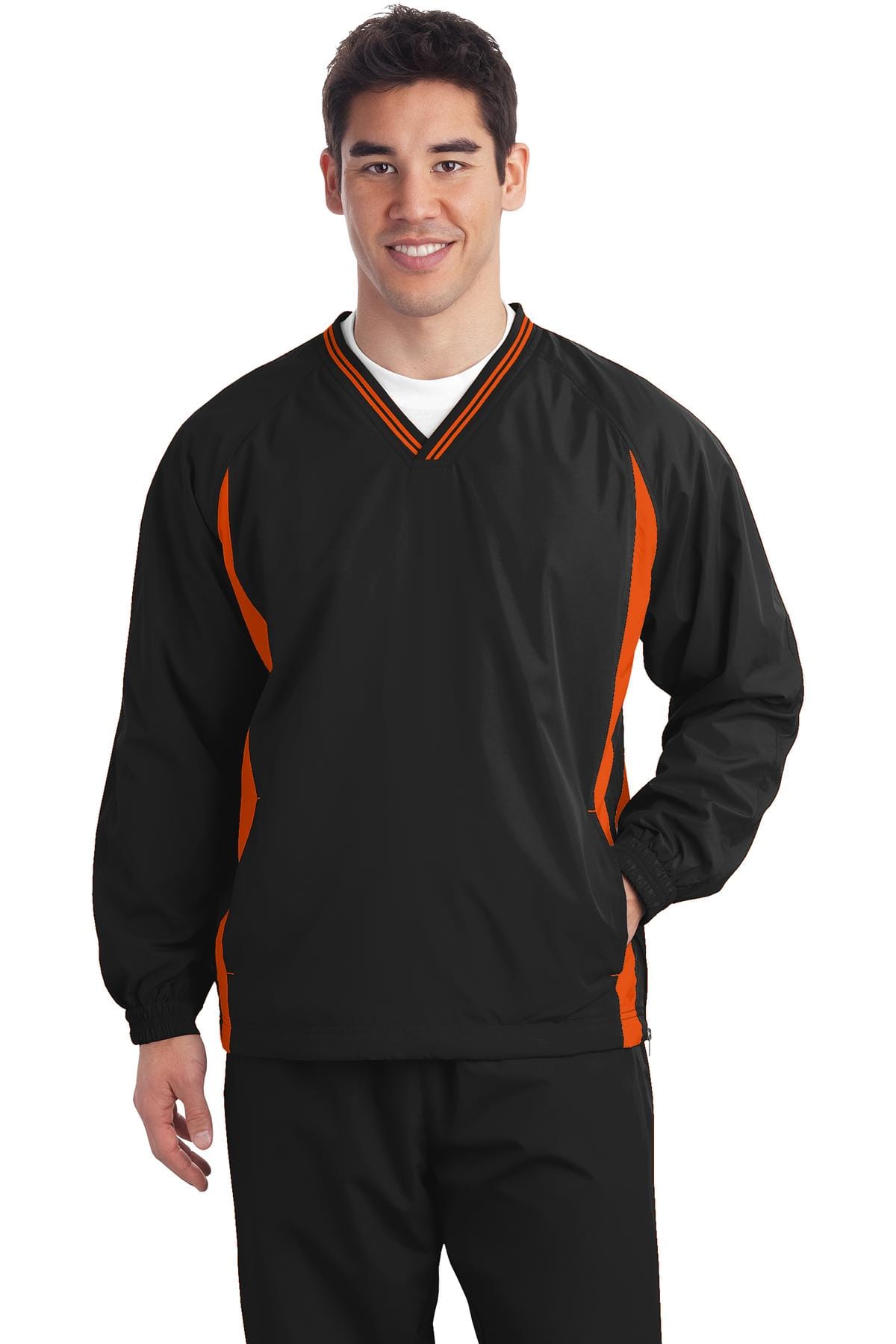 Sport-Tek Outerwear LT / Black/ Deep Orange DISCONTINUED  Sport-Tek ®  Tall Tipped V-Neck Raglan Wind Shirt. TJST62
