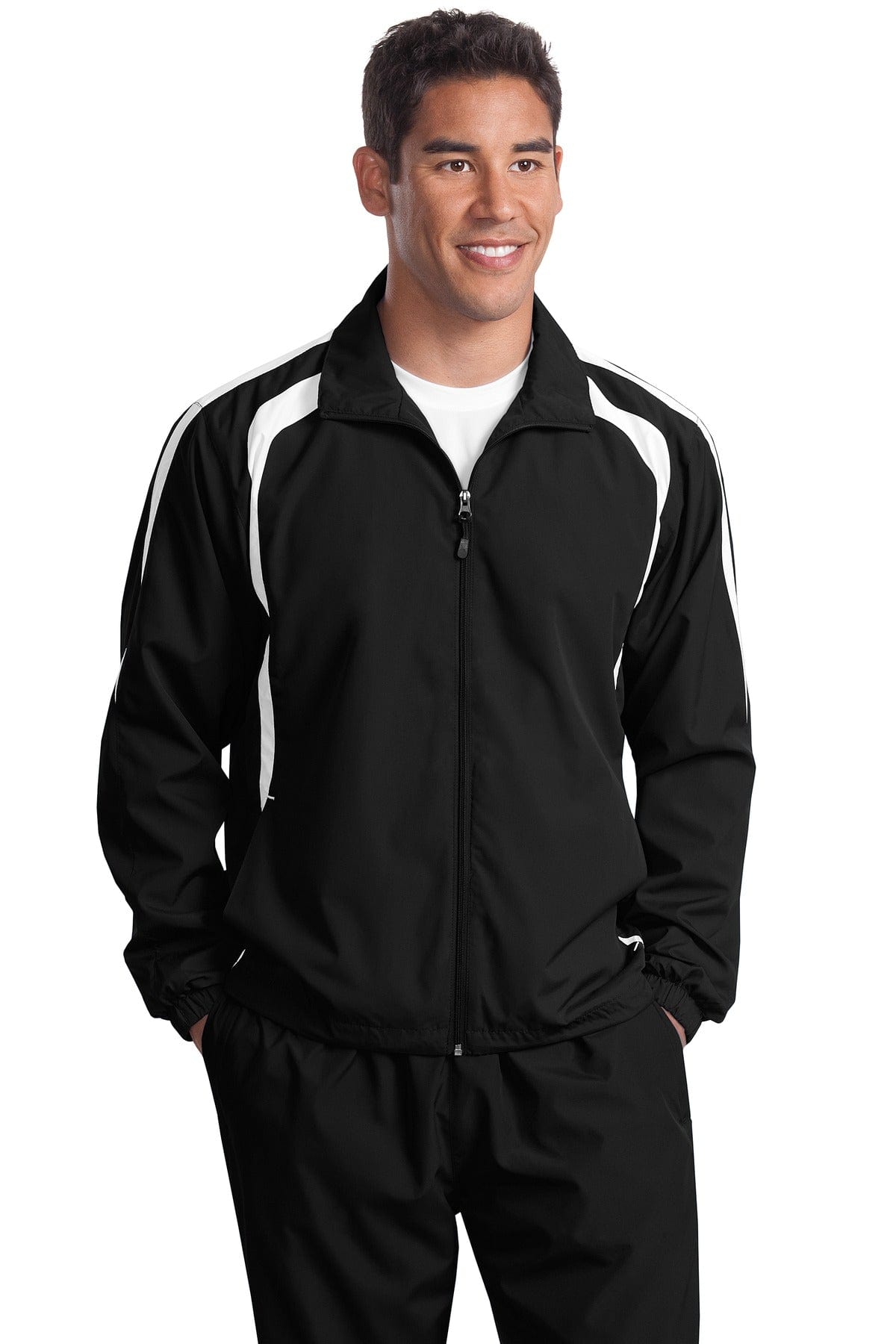 Sport-Tek Outerwear LT / Black/ White DISCONTINUED  Sport-Tek ®  Tall Colorblock Raglan Jacket. TJST60