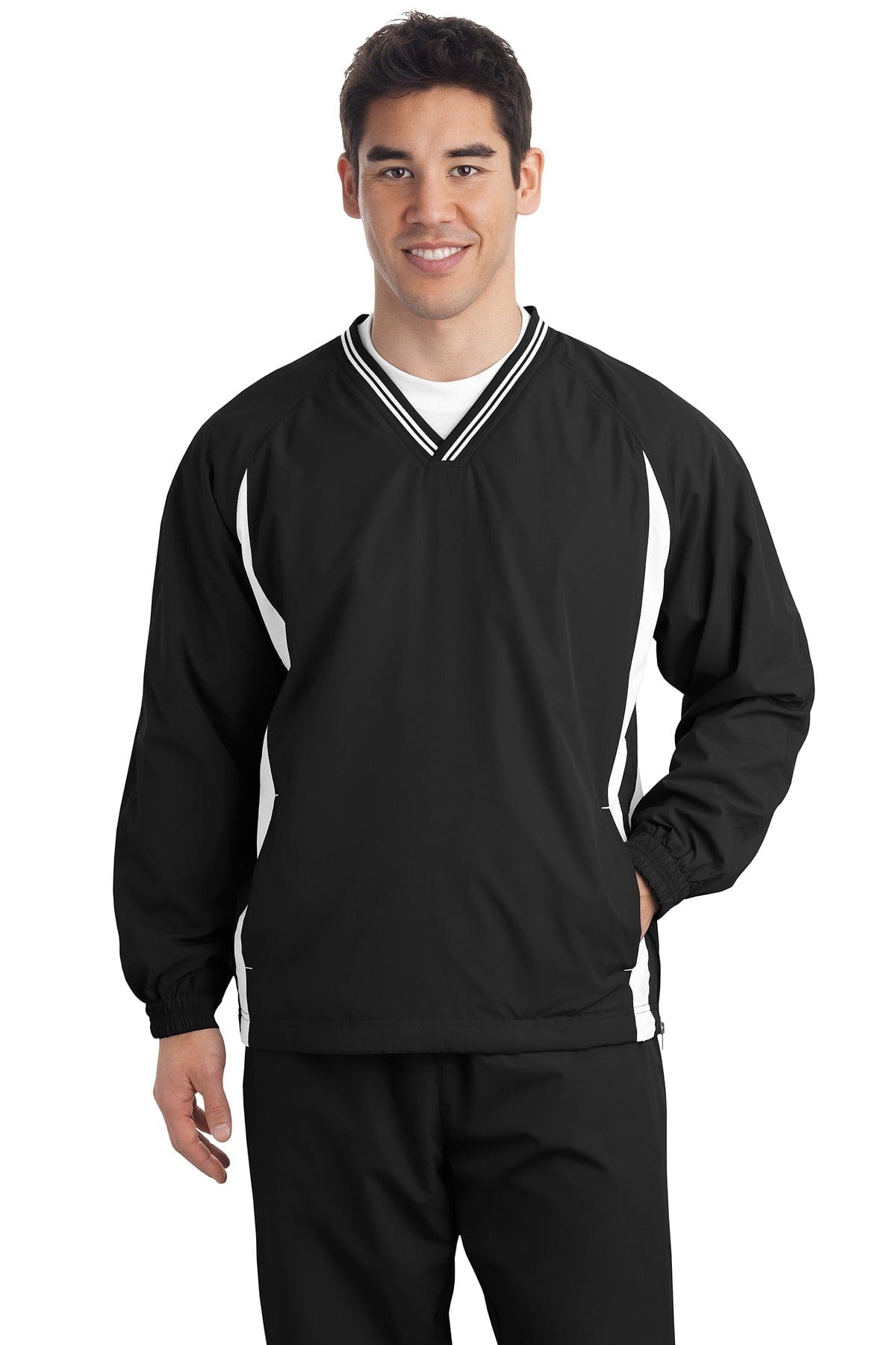 Sport-Tek Outerwear LT / Black/ White DISCONTINUED  Sport-Tek ®  Tall Tipped V-Neck Raglan Wind Shirt. TJST62