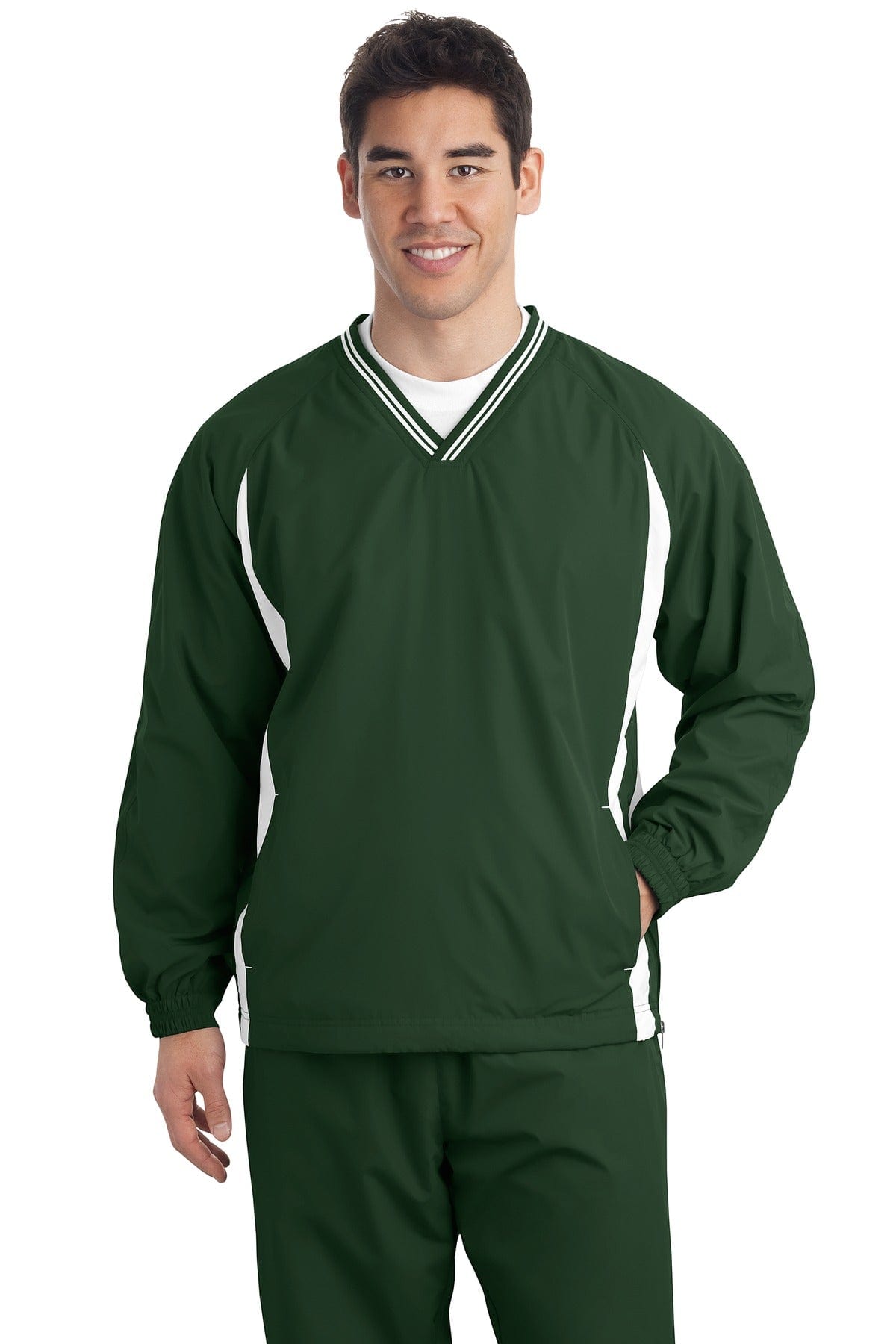 Sport-Tek Outerwear LT / Forest Green/ White DISCONTINUED  Sport-Tek ®  Tall Tipped V-Neck Raglan Wind Shirt. TJST62