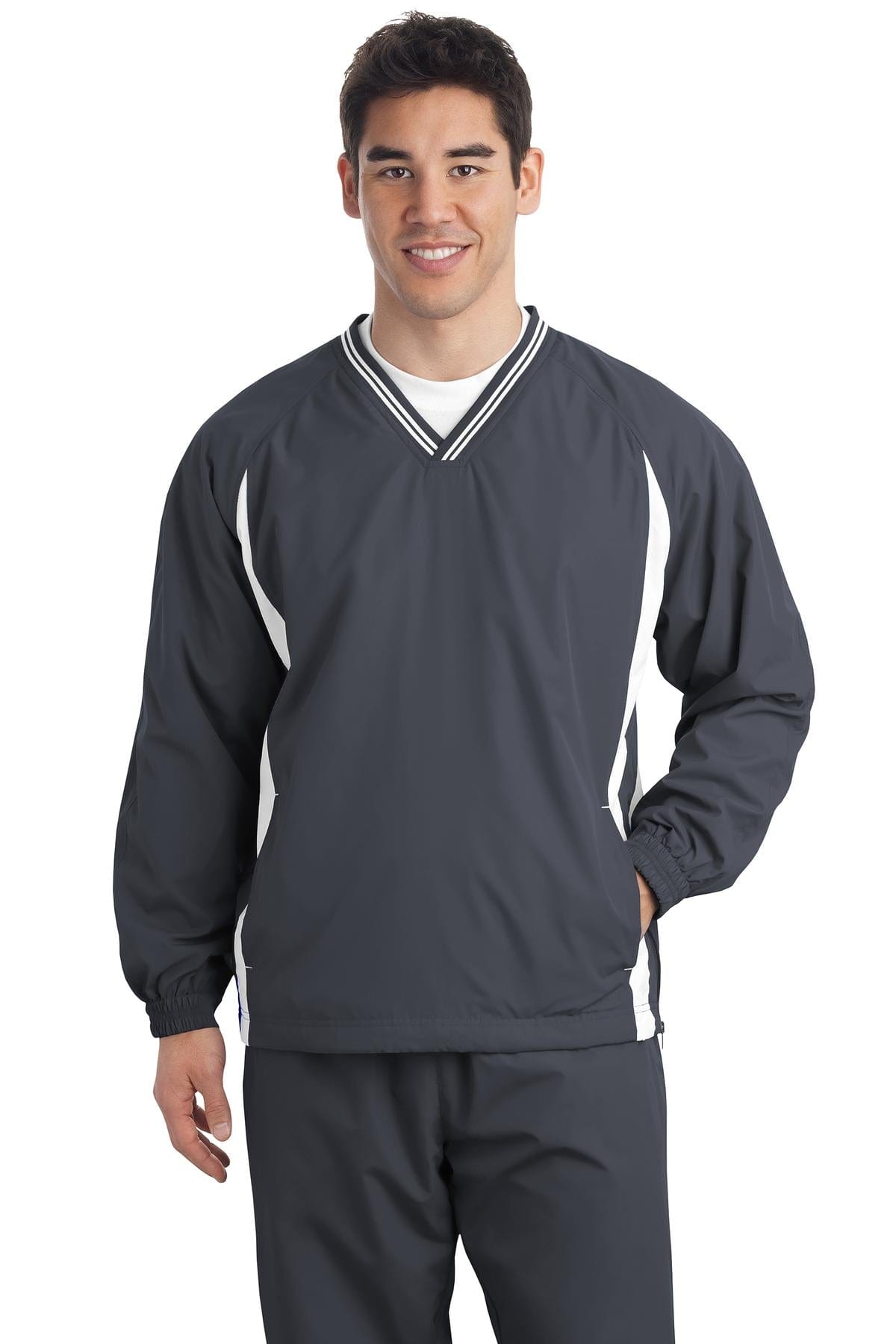 Sport-Tek Outerwear LT / Graphite Grey/ White DISCONTINUED  Sport-Tek ®  Tall Tipped V-Neck Raglan Wind Shirt. TJST62