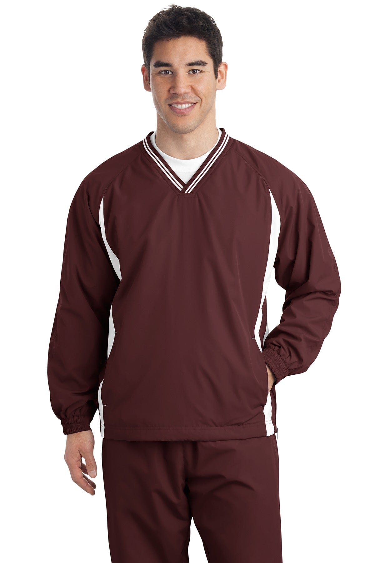 Sport-Tek Outerwear LT / Maroon/ White DISCONTINUED  Sport-Tek ®  Tall Tipped V-Neck Raglan Wind Shirt. TJST62