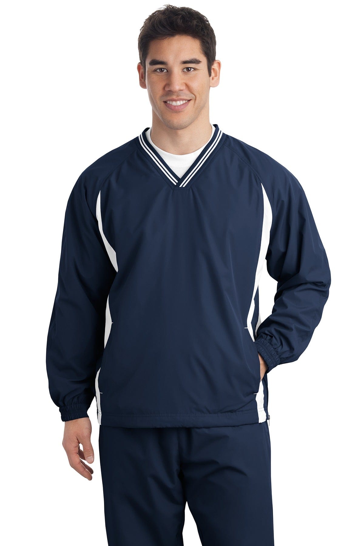 Sport-Tek Outerwear LT / True Navy/ White DISCONTINUED  Sport-Tek ®  Tall Tipped V-Neck Raglan Wind Shirt. TJST62