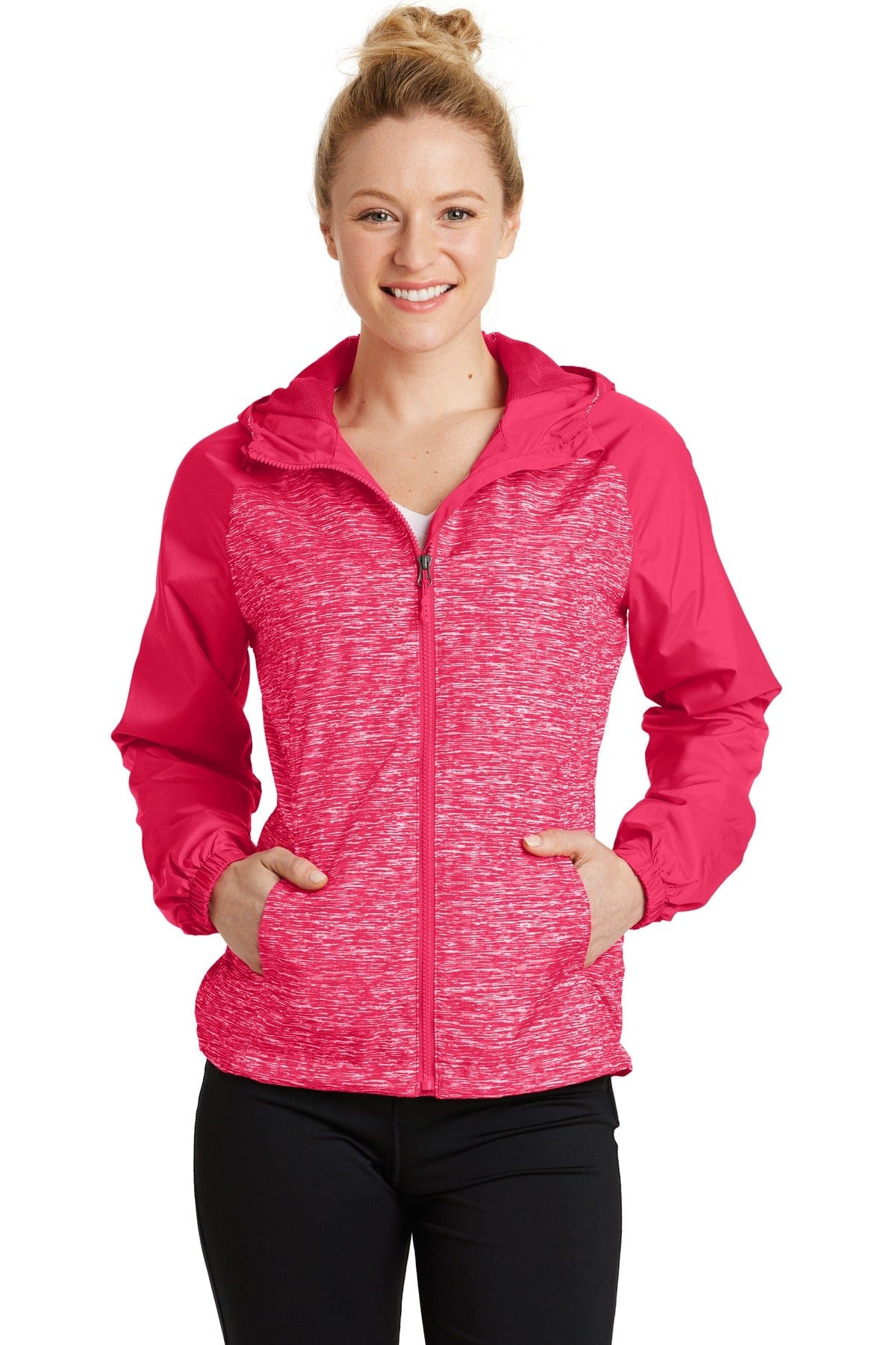 Sport-Tek Outerwear Sport-Tek LST40: Ladies Heather Colorblock Raglan Hooded Wind Jacket
