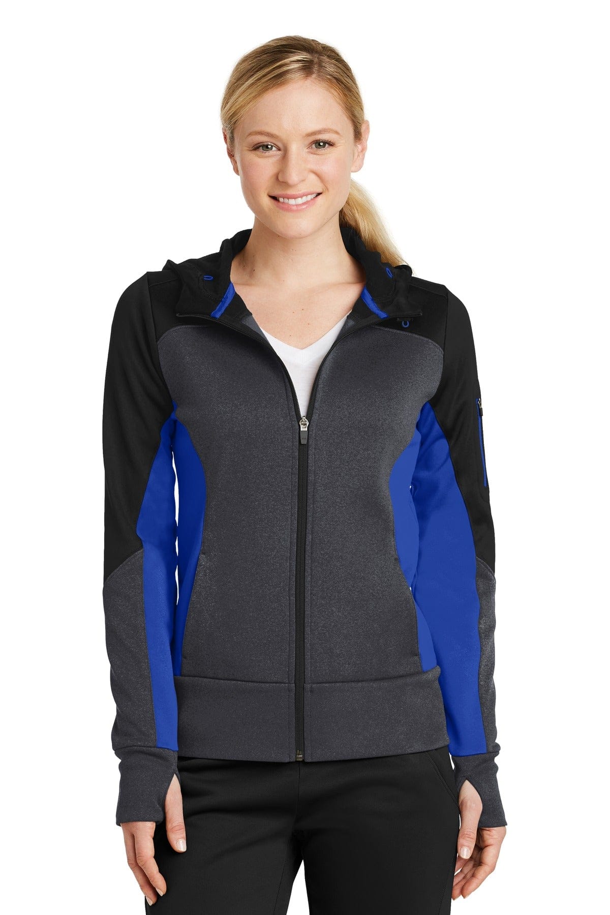 Sport-Tek Outerwear XS / Black/ Graphite Heather/ True Royal Sport-Tek LST245: Ladies Tech Fleece Colorblock Full-Zip Hooded Jacket