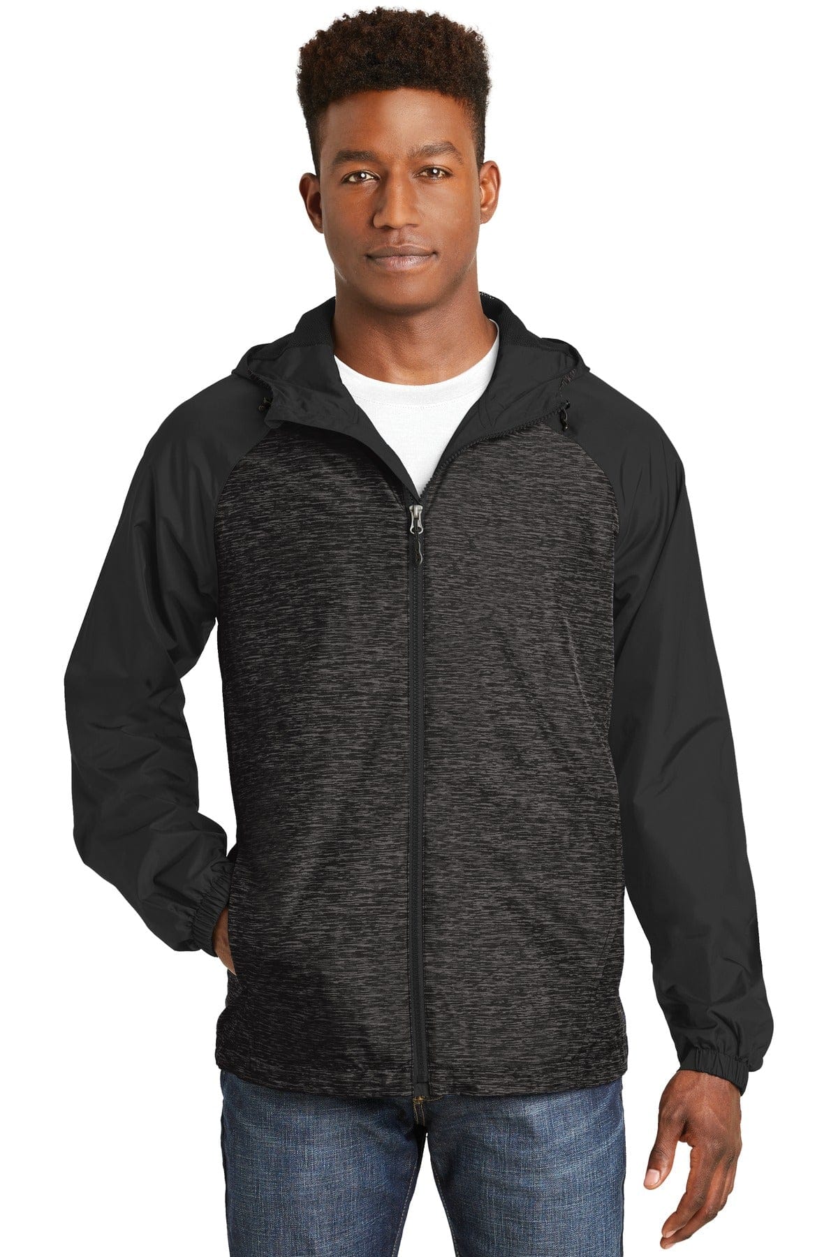 Sport-Tek Outerwear XS / Black Heather/ Black Sport-Tek JST40: Heather Colorblock Raglan Hooded Wind Jacket