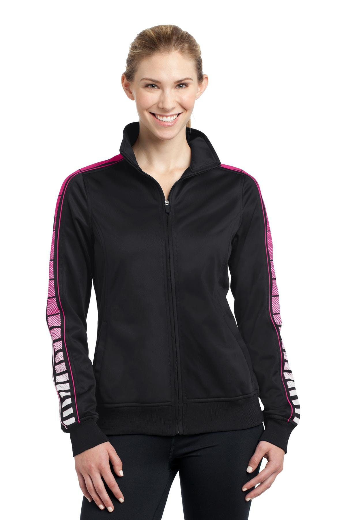 Sport-Tek Outerwear XS / Black/ Pink Raspberry DISCONTINUED  Sport-Tek ®  Ladies Dot Sublimation Tricot Track Jacket. LST93