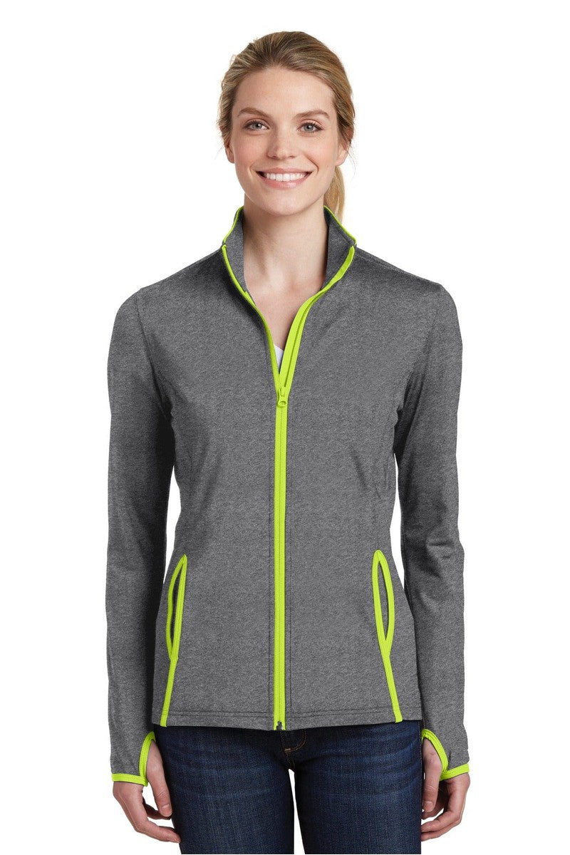 Sport-Tek Outerwear XS / Charcoal Grey Heather/ Charge Green Sport-Tek LST853: Ladies Sport-Wick Stretch Contrast Full-Zip Jacket