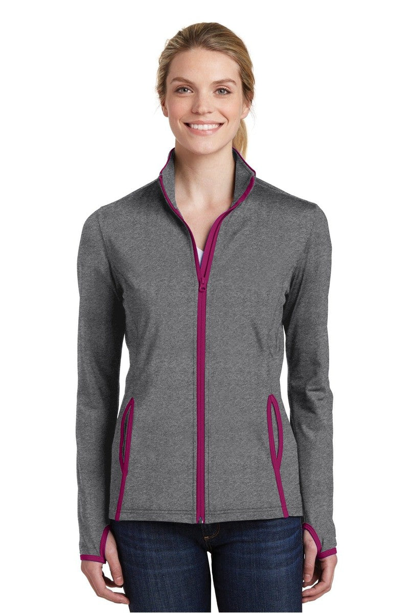 Sport-Tek Outerwear XS / Charcoal Grey Heather/ Pink Rush Sport-Tek LST853: Ladies Sport-Wick Stretch Contrast Full-Zip Jacket