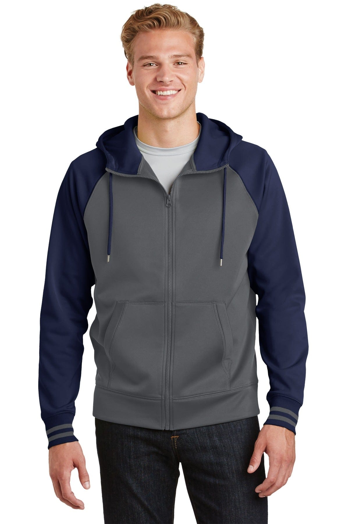 Sport-Tek Outerwear XS / Dark Smoke Grey/ Navy Sport-Tek ST236: Sport-Wick Varsity Fleece Full-Zip Hooded Jacket