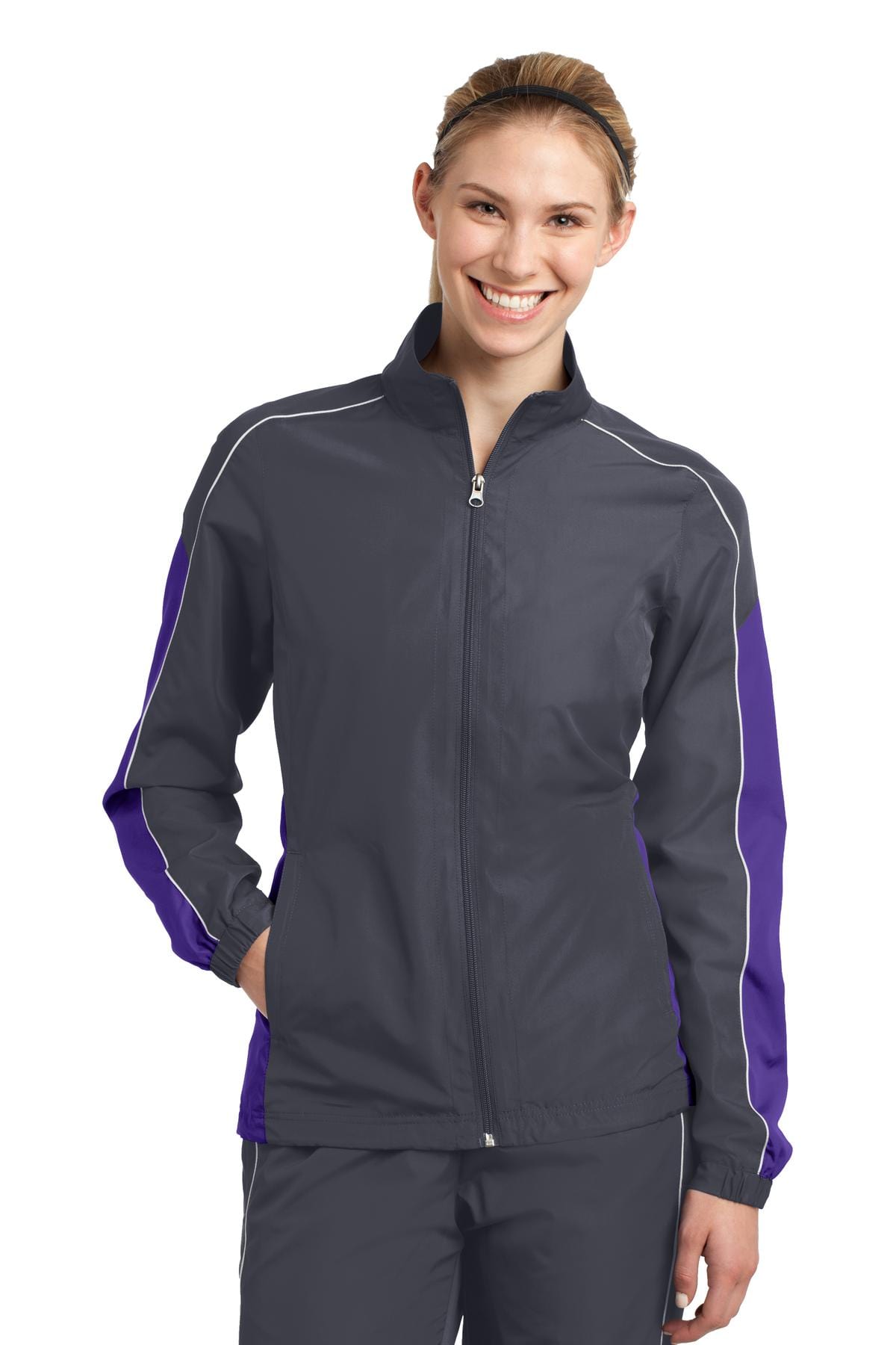 Sport-Tek Outerwear XS / Graphite Grey/ Purple/ White DISCONTINUED  Sport-Tek ®  Ladies Piped Colorblock Wind Jacket. LST61