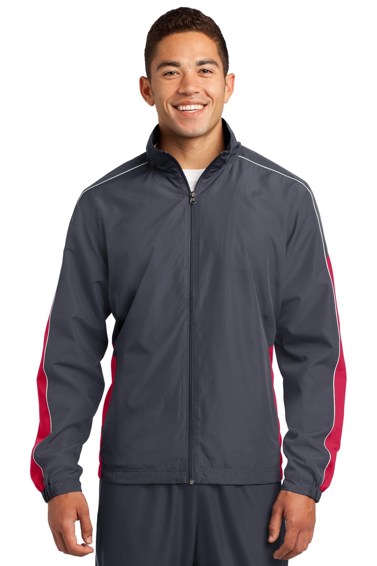 Sport-Tek Outerwear XS / Graphite Grey/ True Red/ White DISCONTINUED  Sport-Tek ®  Piped Colorblock Wind Jacket. JST61
