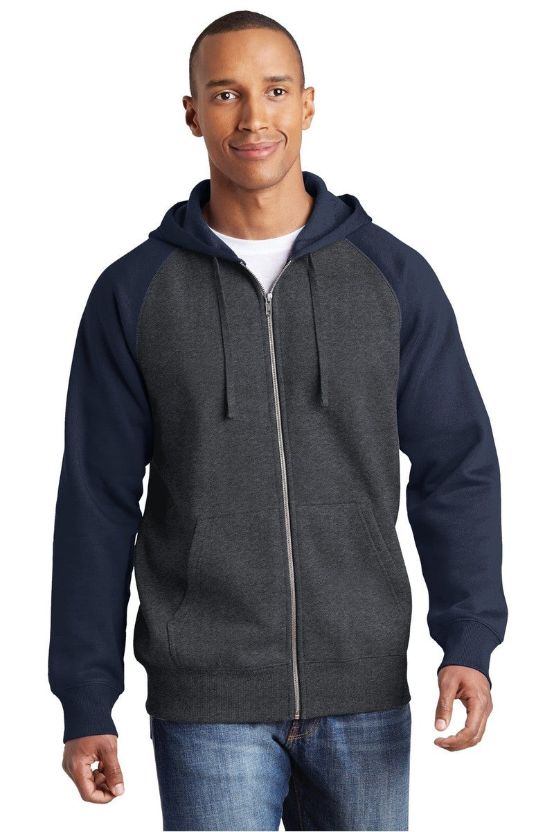 Sport-Tek Outerwear XS / Graphite Heather/ True Navy Sport-Tek ST269: Raglan Colorblock Full-Zip Hooded Fleece Jacket