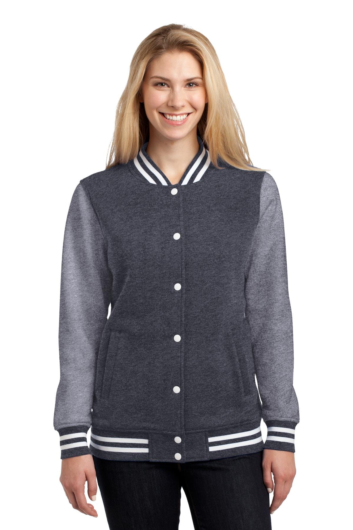 Sport-Tek Outerwear XS / Graphite Heather/ Vintage Heather Sport-Tek LST270: Ladies Fleece Letterman Jacket
