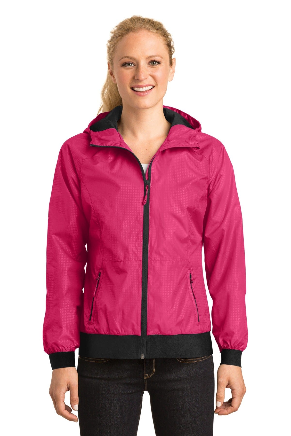 Sport-Tek Outerwear XS / Pink Raspberry/ Black DISCONTINUED  Sport-Tek ®  Ladies Embossed Hooded Wind Jacket. LST53