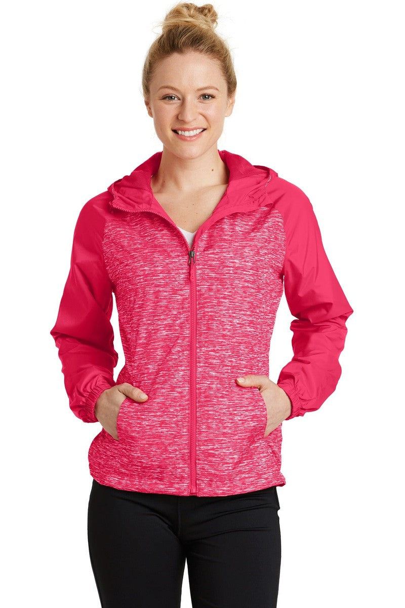 Sport-Tek Outerwear XS / Pink Raspberry Heather/ Pink Raspberry Sport-Tek LST40: Ladies Heather Colorblock Raglan Hooded Wind Jacket