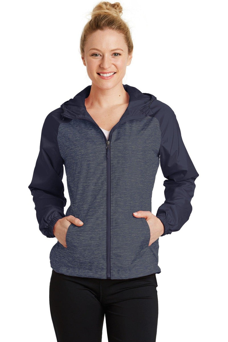 Sport-Tek Outerwear XS / True Navy Heather/ True Navy Sport-Tek LST40: Ladies Heather Colorblock Raglan Hooded Wind Jacket