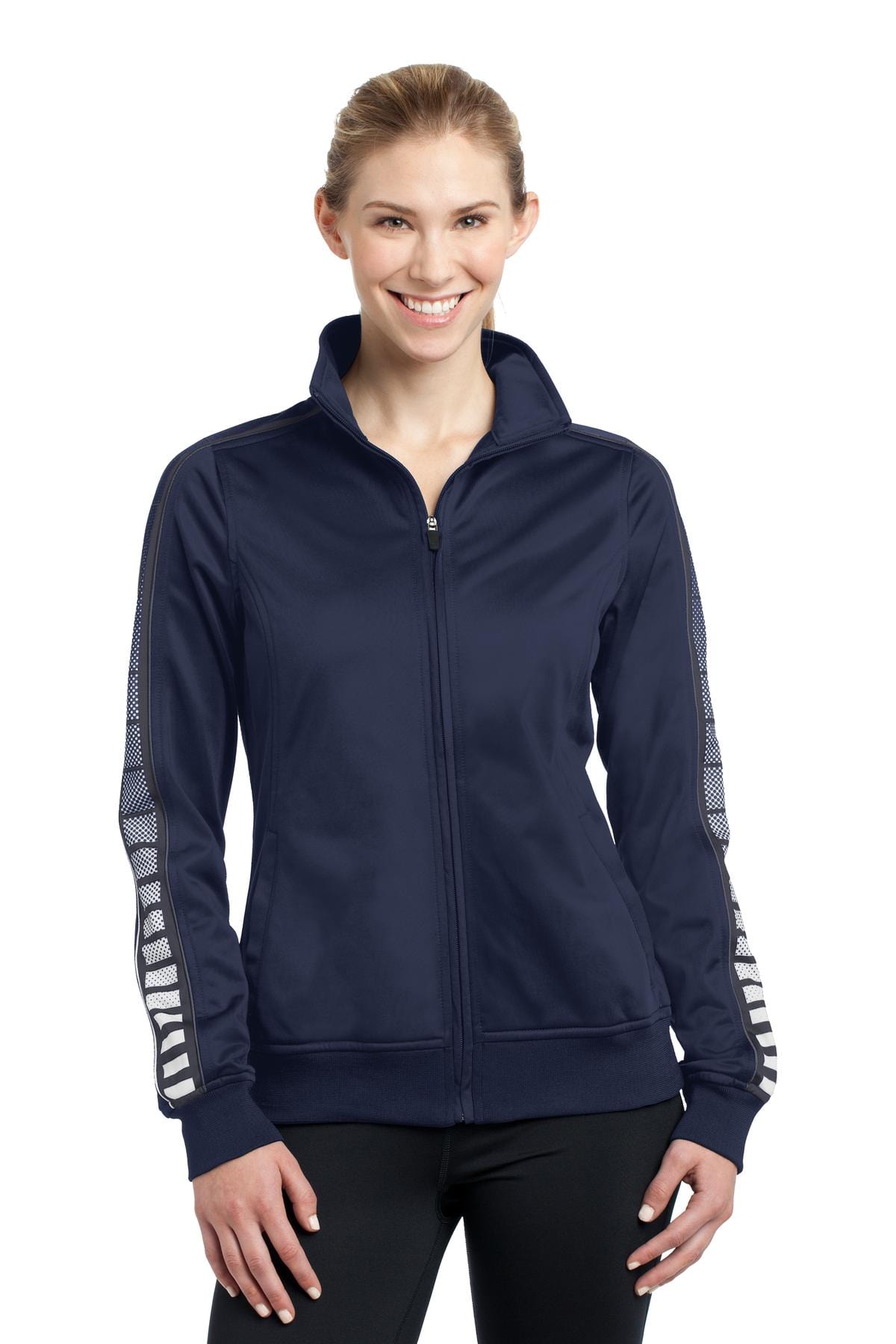 Sport-Tek Outerwear XS / True Navy/ Iron Grey DISCONTINUED  Sport-Tek ®  Ladies Dot Sublimation Tricot Track Jacket. LST93