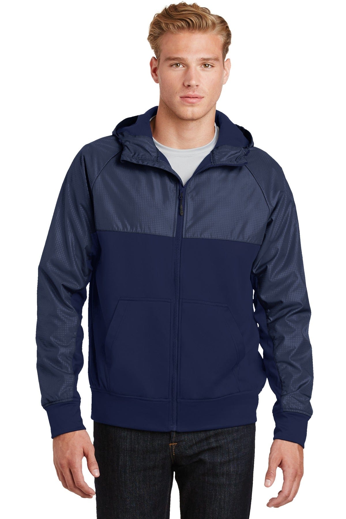 Sport-Tek Outerwear XS / True Navy/ True Navy DISCONTINUED  Sport-Tek ®  Embossed Hybrid Full-Zip Hooded Jacket. JST50
