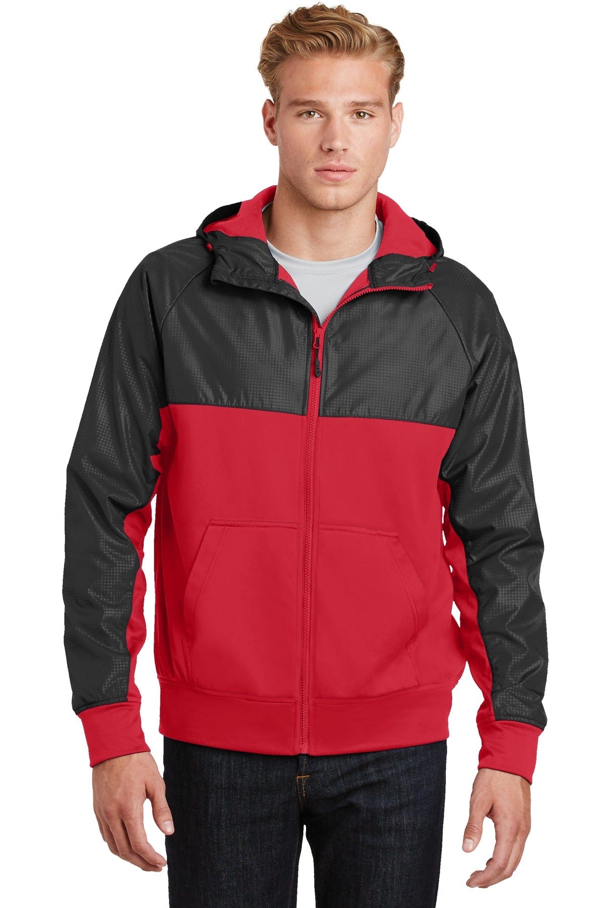 Sport-Tek Outerwear XS / True Red/ Black DISCONTINUED  Sport-Tek ®  Embossed Hybrid Full-Zip Hooded Jacket. JST50