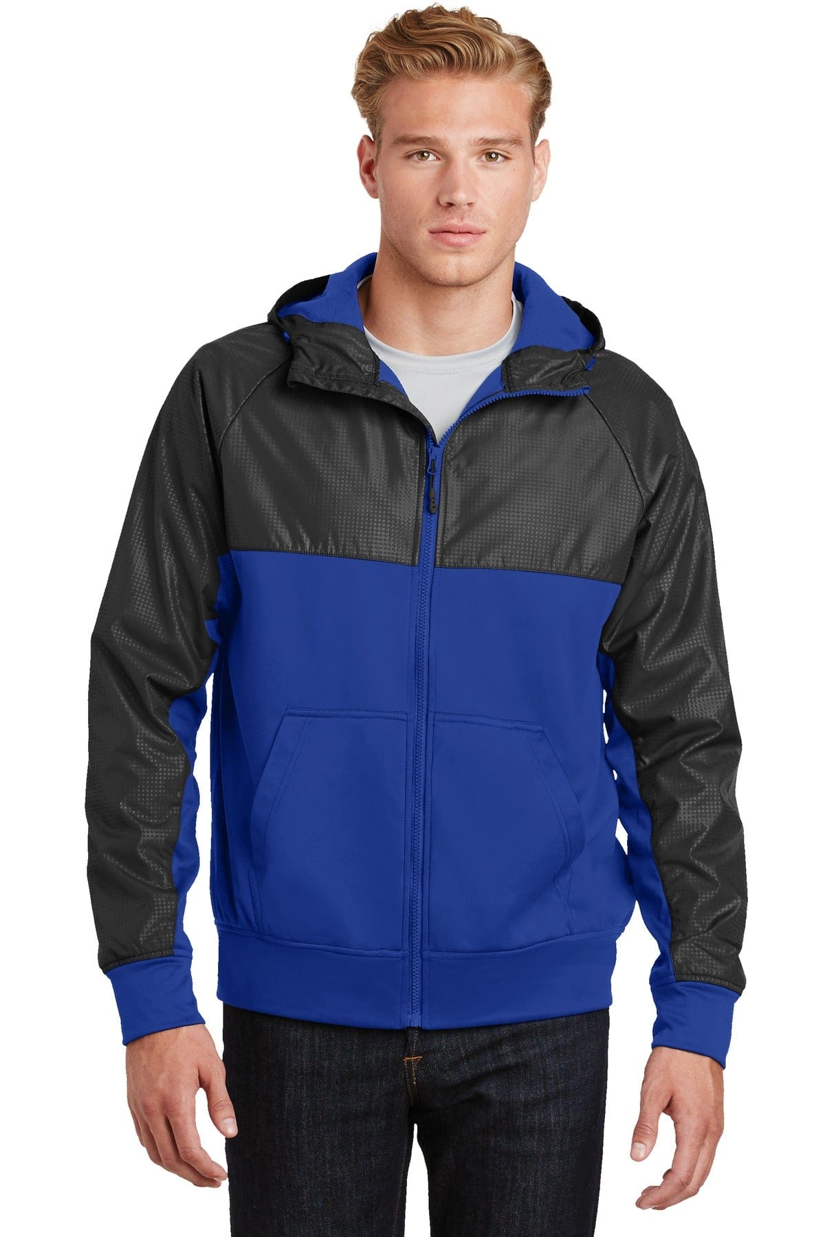 Sport-Tek Outerwear XS / True Royal/ Black DISCONTINUED  Sport-Tek ®  Embossed Hybrid Full-Zip Hooded Jacket. JST50