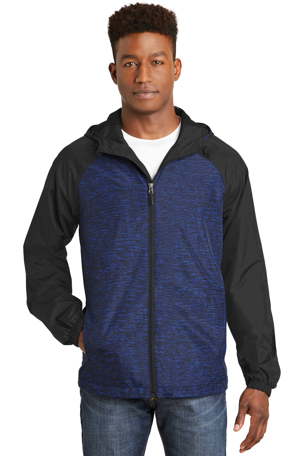 Sport-Tek Outerwear XS / True Royal Heather/ Black Sport-Tek JST40: Heather Colorblock Raglan Hooded Wind Jacket