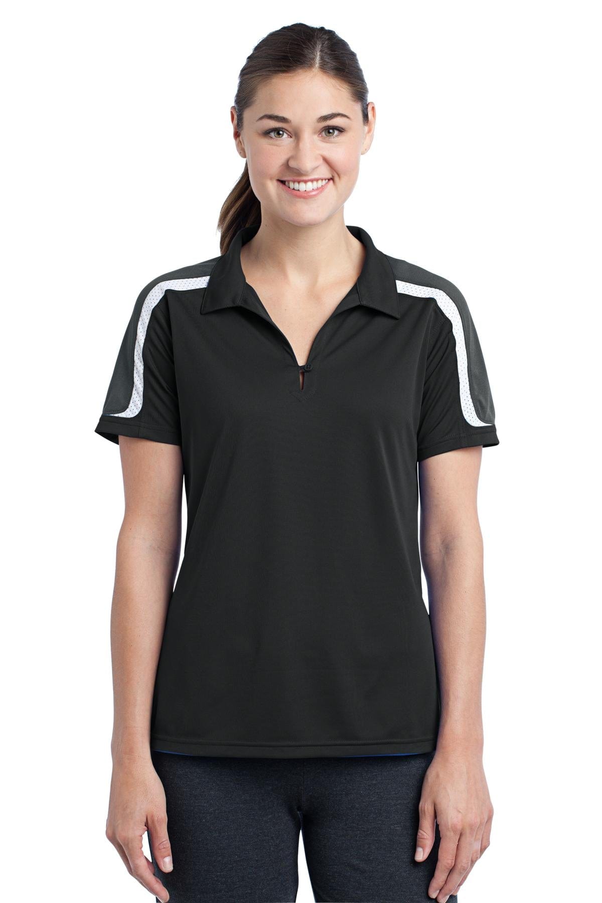 Sport-Tek Polos/Knits S / Black/Iron Grey/White DISCONTINUED  Sport-Tek ®  Ladies Tricolor Shoulder Micropique Sport-Wick ®  Polo. LST658