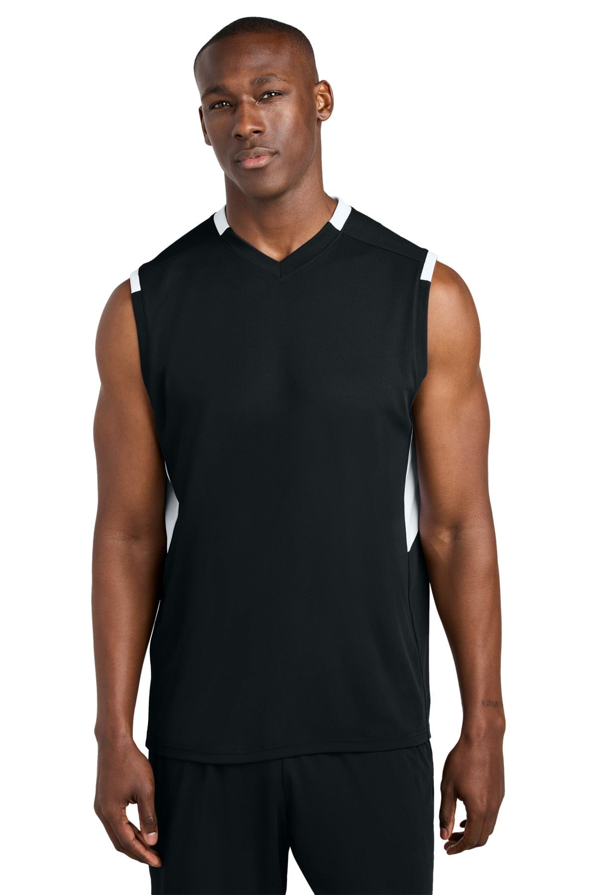 Sport-Tek ® Club Sleeveless V-Neck ST441 in Black/ White