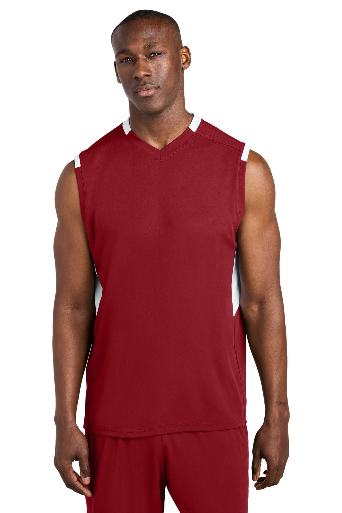 Sport-Tek ® Club Sleeveless V-Neck ST441 in Deep Red/ White