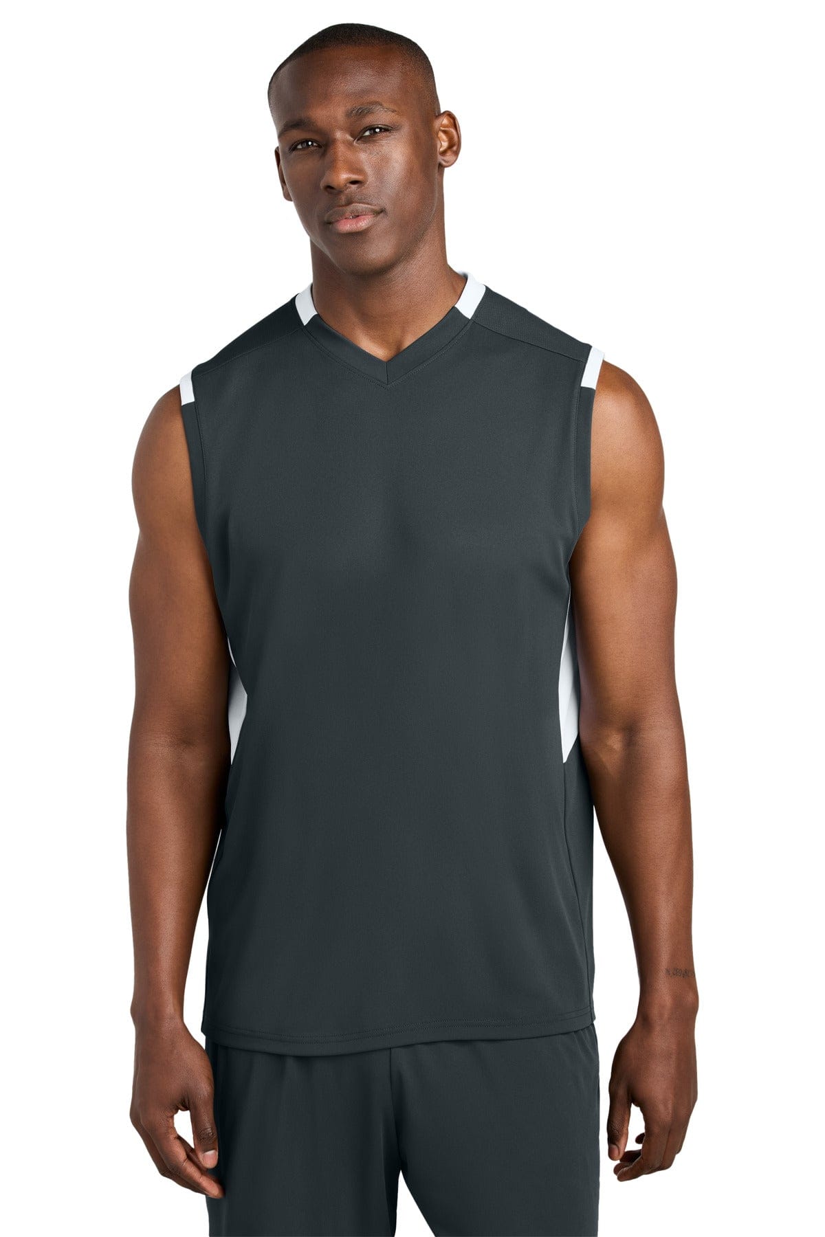 Sport-Tek ® Club Sleeveless V-Neck ST441 in Iron Grey/ White