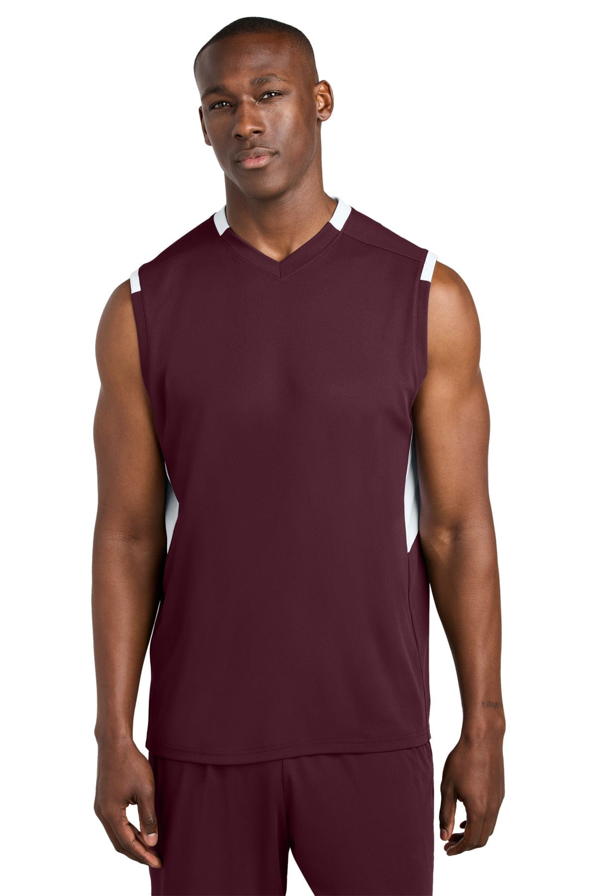 Sport-Tek ® Club Sleeveless V-Neck ST441 in Maroon/ White