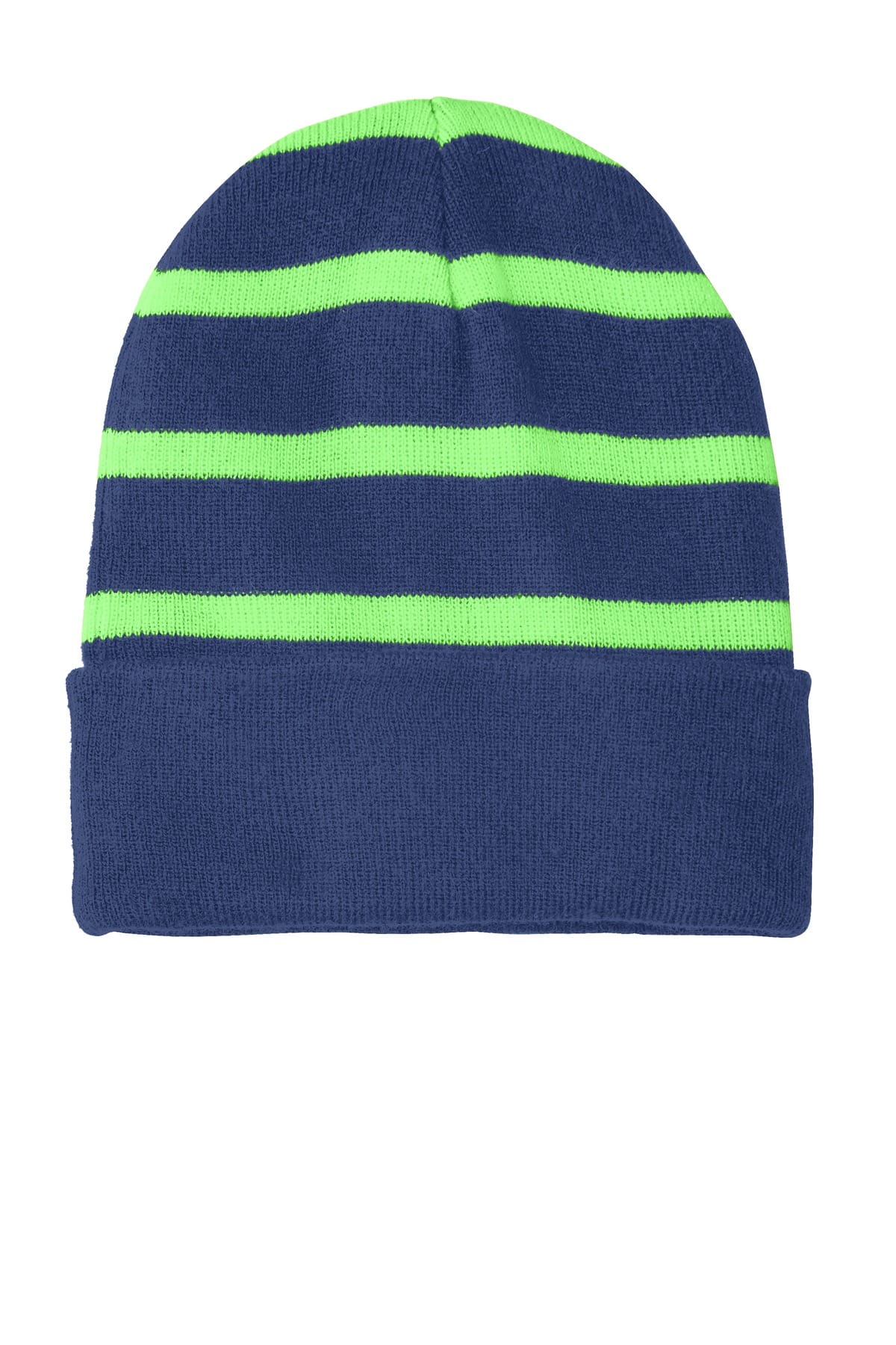 Sport-Tek STC31 OSFA / Team Navy/ Flash Green Sport-Tek STC 31 Striped Beanie with Solid Band