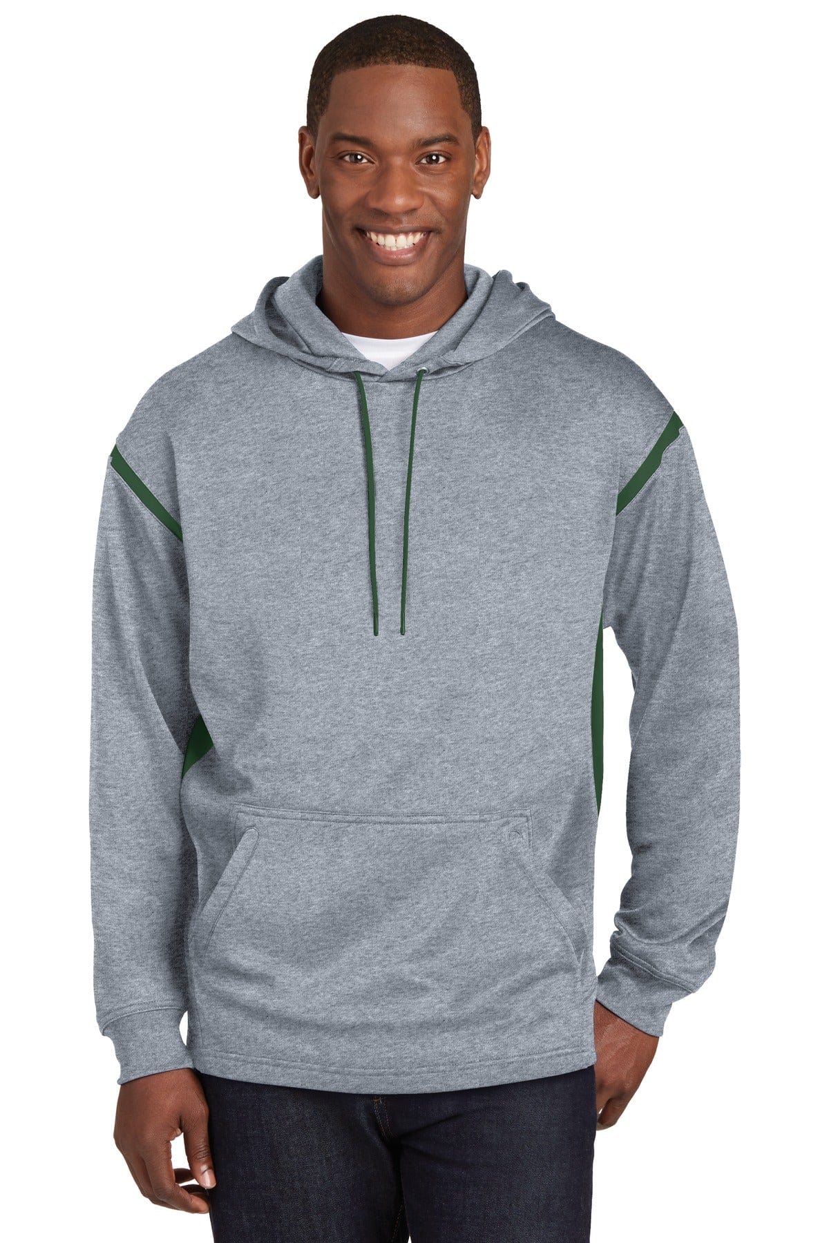 Sport-Tek Sweatshirts/Fleece LT / Grey Heather/ Forest Green DISCONTINUED  Sport-Tek ®  Tall Tech Fleece Colorblock  Hooded Sweatshirt. TST246