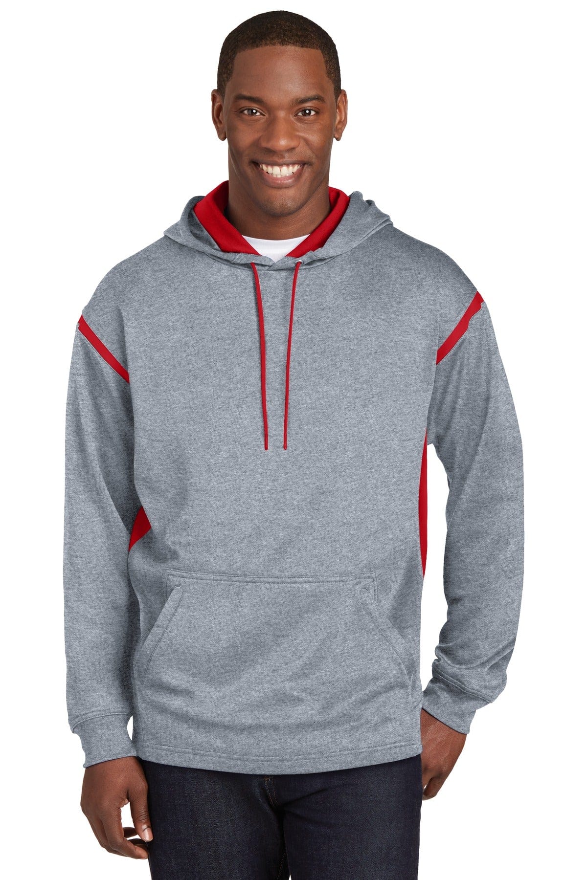 Sport-Tek Sweatshirts/Fleece LT / Grey Heather/ True Red DISCONTINUED  Sport-Tek ®  Tall Tech Fleece Colorblock  Hooded Sweatshirt. TST246