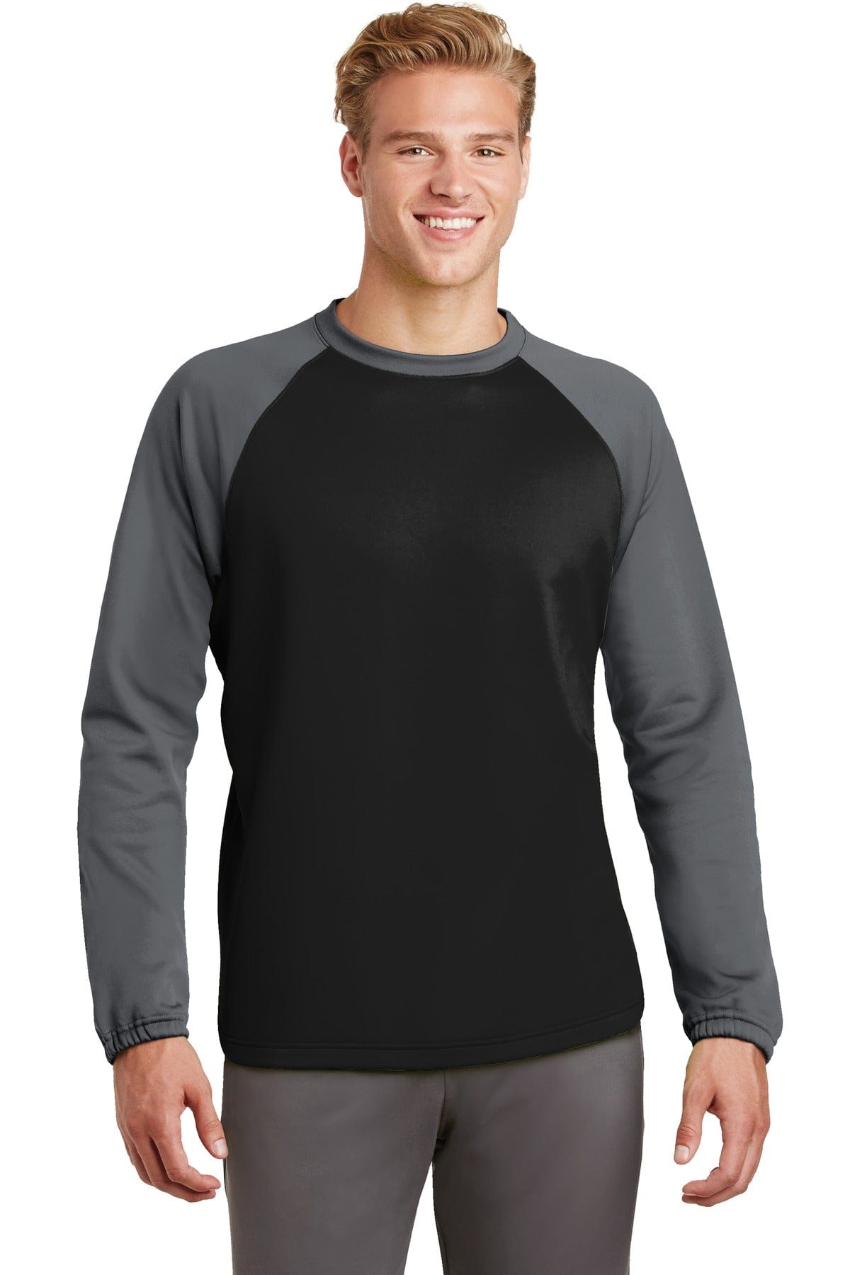 Sport-Tek Sweatshirts/Fleece XS / Black/ Dark Smoke Grey DISCONTINUED  Sport-Tek ®  Sport-Wick ®  Raglan Colorblock Fleece Crewneck. ST242