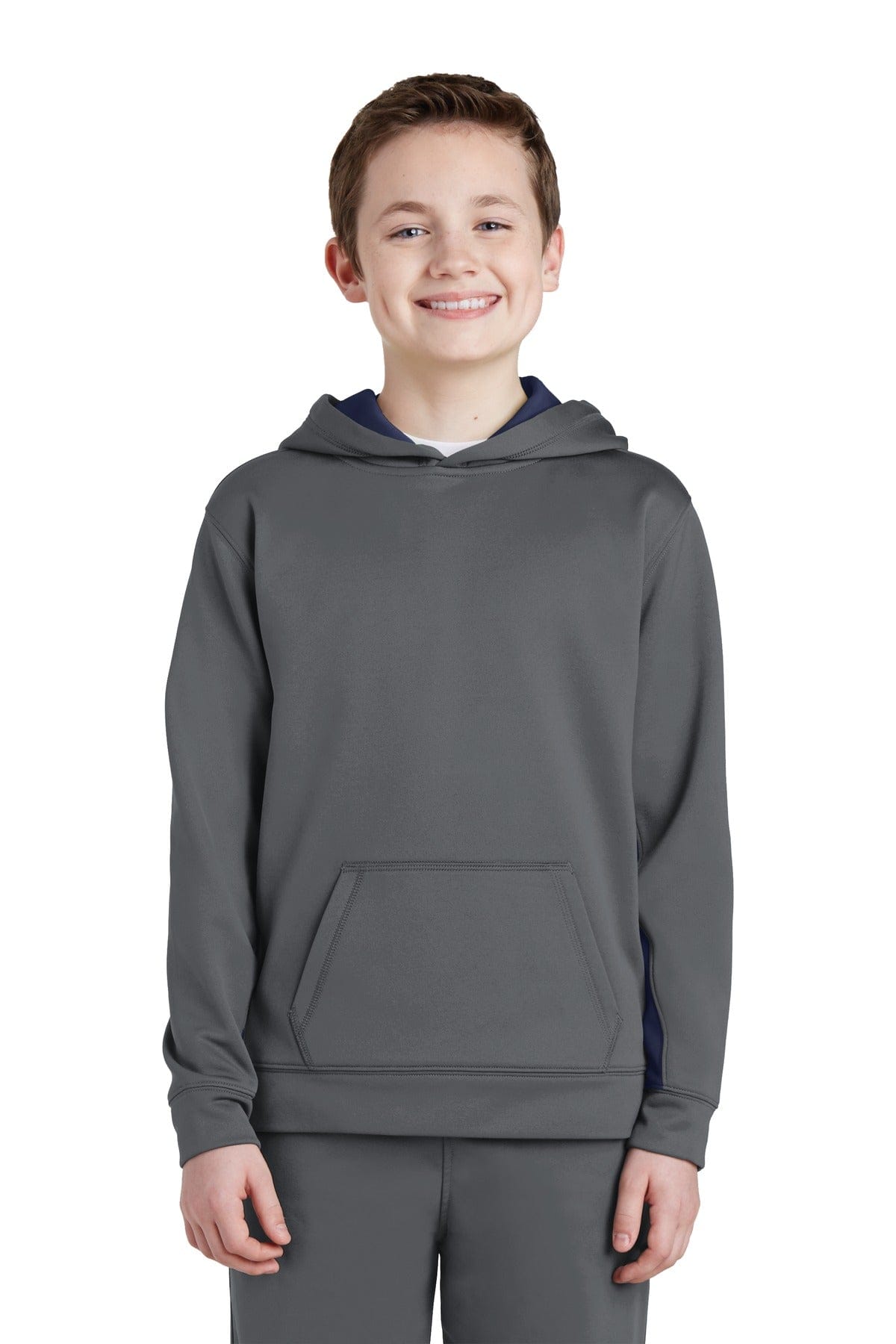 Sport-Tek YST235 Youth Sport-Wick Fleece Colorblock Hooded Pullover in Dark Smoke Grey/ Navy